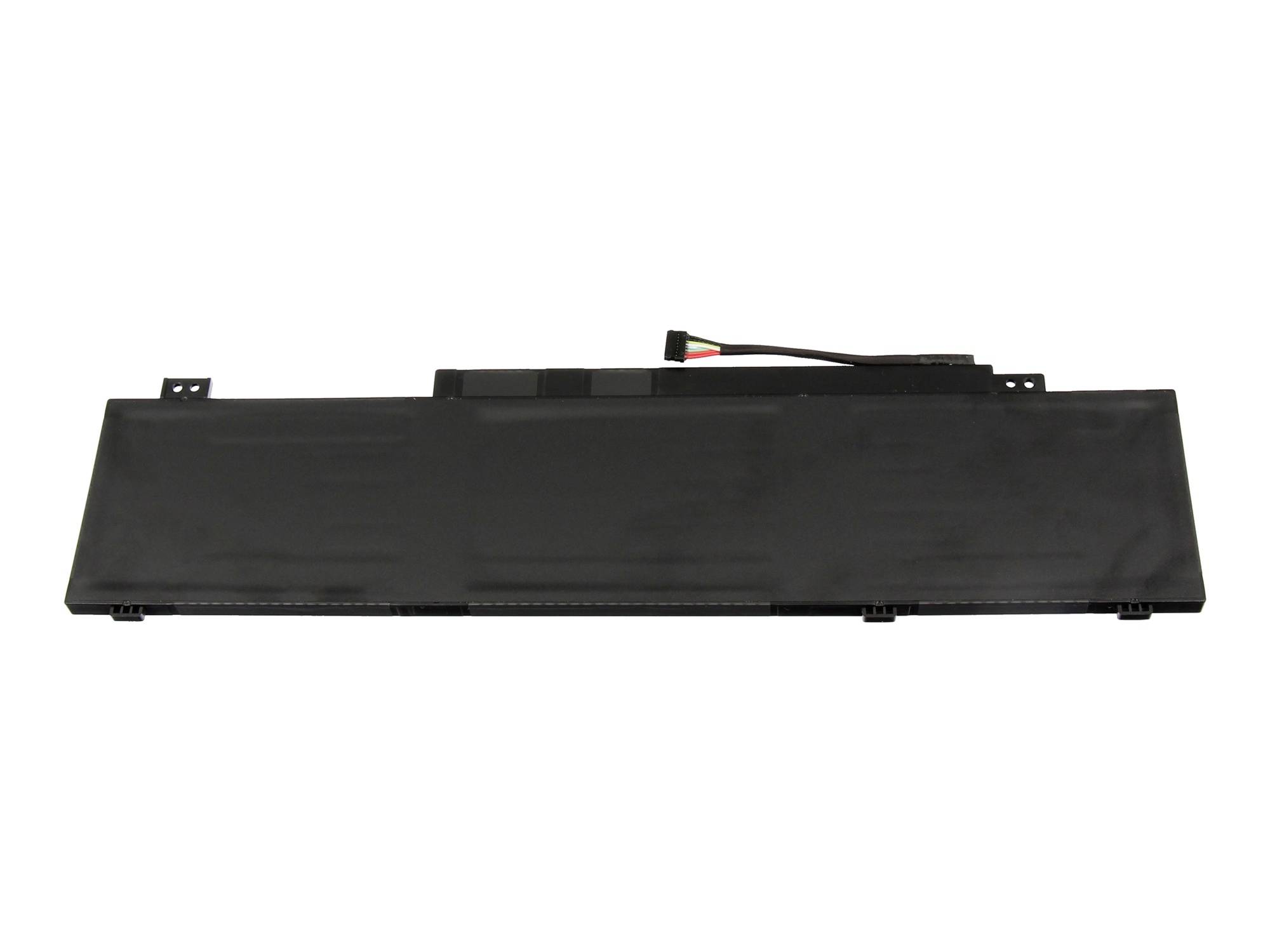 Sort rektangulært laptop-batteri med forbindelse og kabel på hvid baggrund