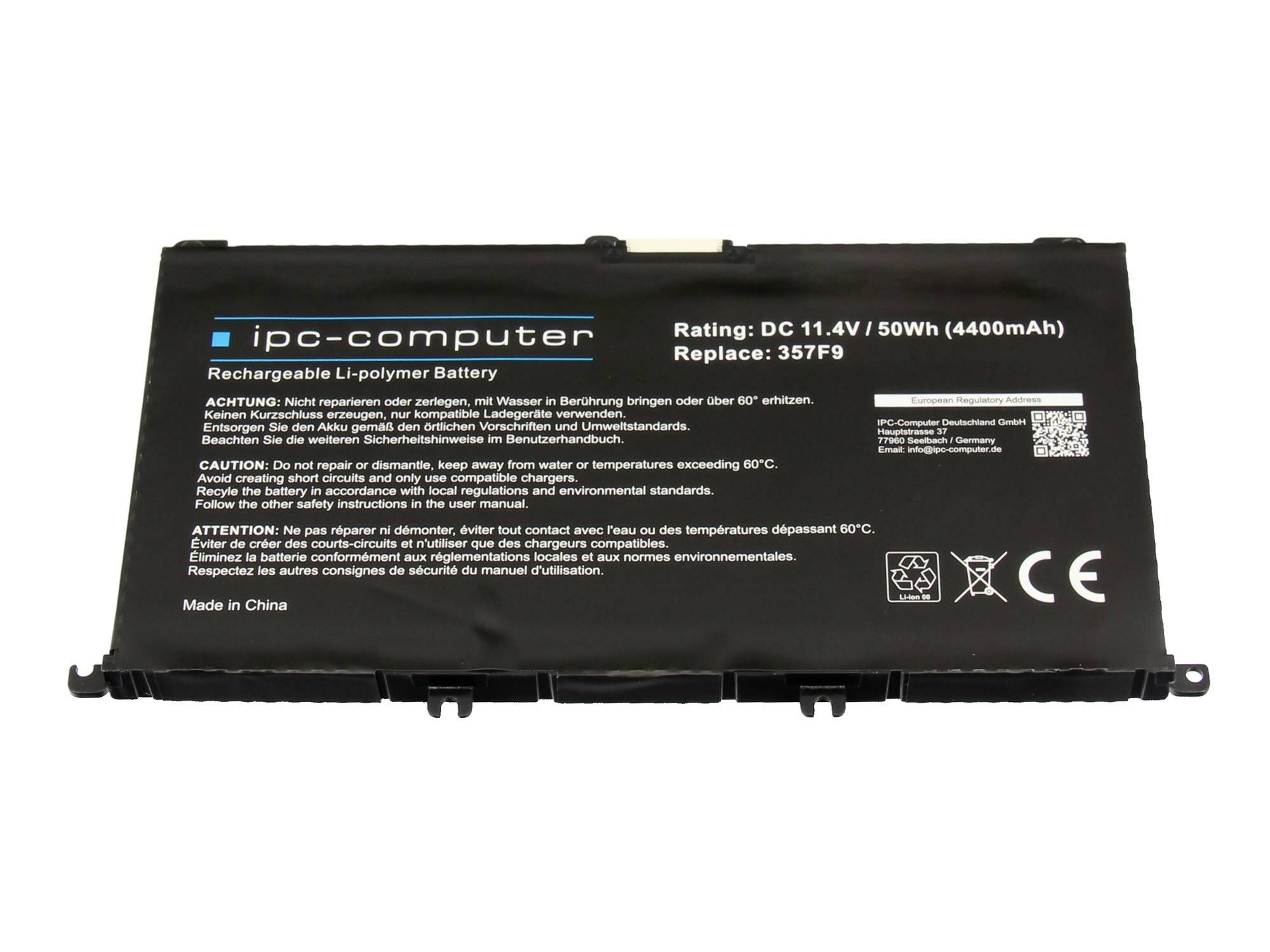 Sort IPC-computer genopladeligt lithium-polymer-batteripakke mærket 11,4V, 50Wh, 4400mAh.