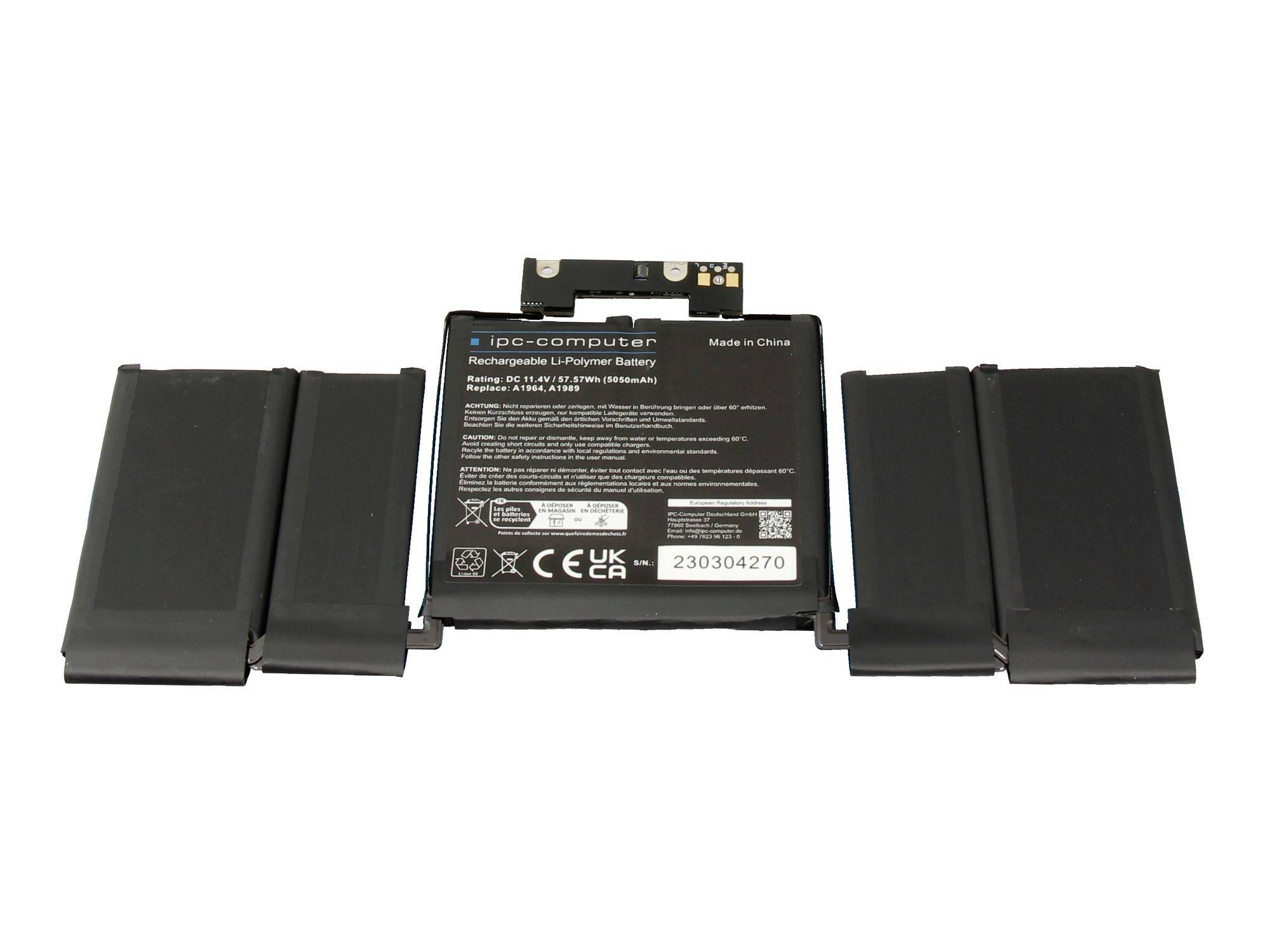 En sort genopladelig batteripakning med to tilsluttede sidebattermoduler, vist på en hvid baggrund.