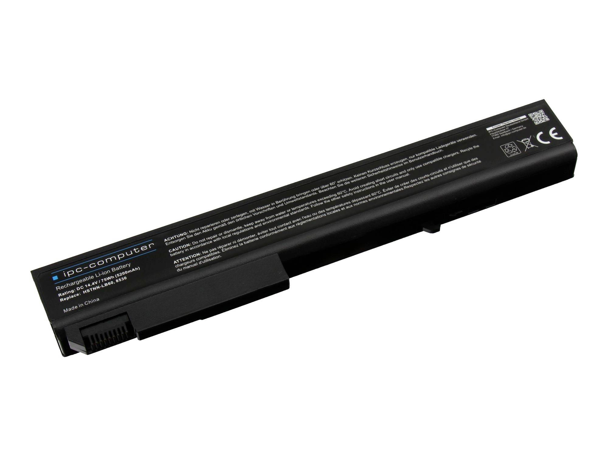 Sort bærbar computerbatteripack vist på hvid baggrund, mærket 'IPG Computer' med lovgivningsmæssige markeringer.