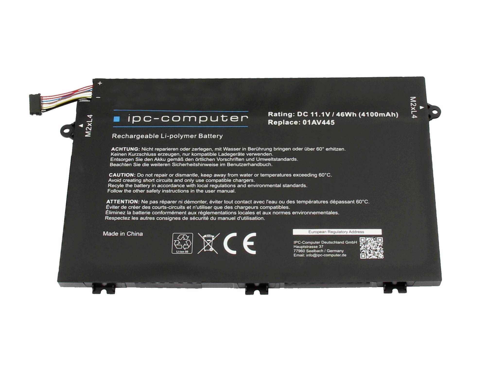 Sort IPC-Computer genopladeligt Li-polymer-batteripakke med tilsluttet ledningsforbinder, mærket DC 11,1V 46Wh og reservedel 01AV445.
