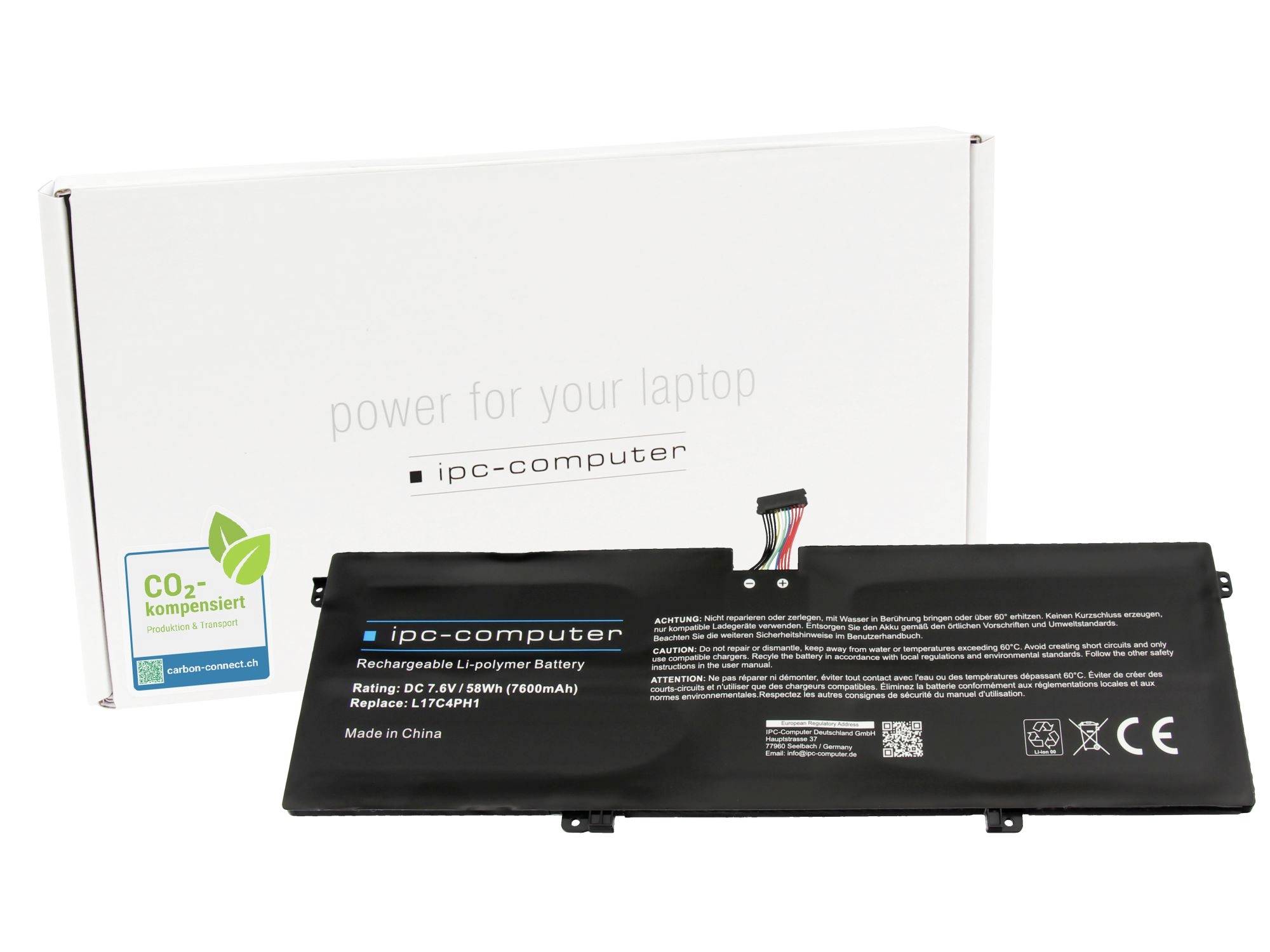 Sort genopladeligt batteripakke til bærbar computer foran hvid emballage med teksten "power for your laptop" og "ipc-computer".