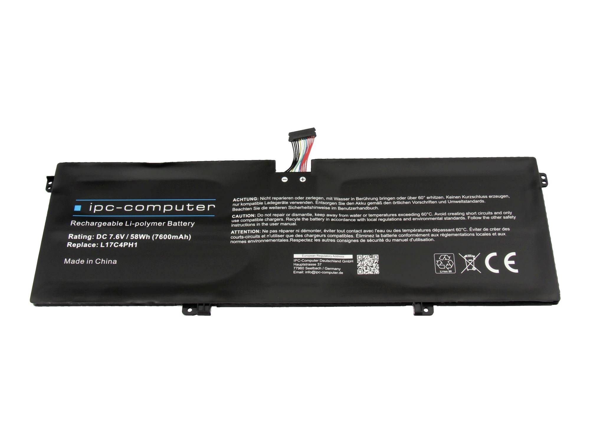 Sort bærbar computer batteripakke mærket 'ipc-computer' med stiktips, vist på hvid baggrund.