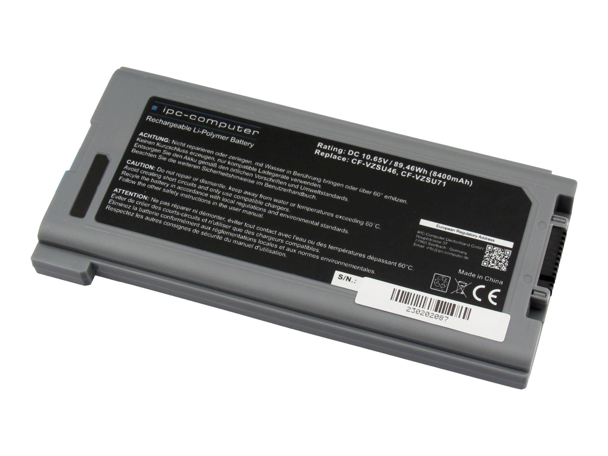 Grå bærbar computer batteri pakke mærket 'ipccomputer' med stregkode og tekniske specifikationer på hvid baggrund.