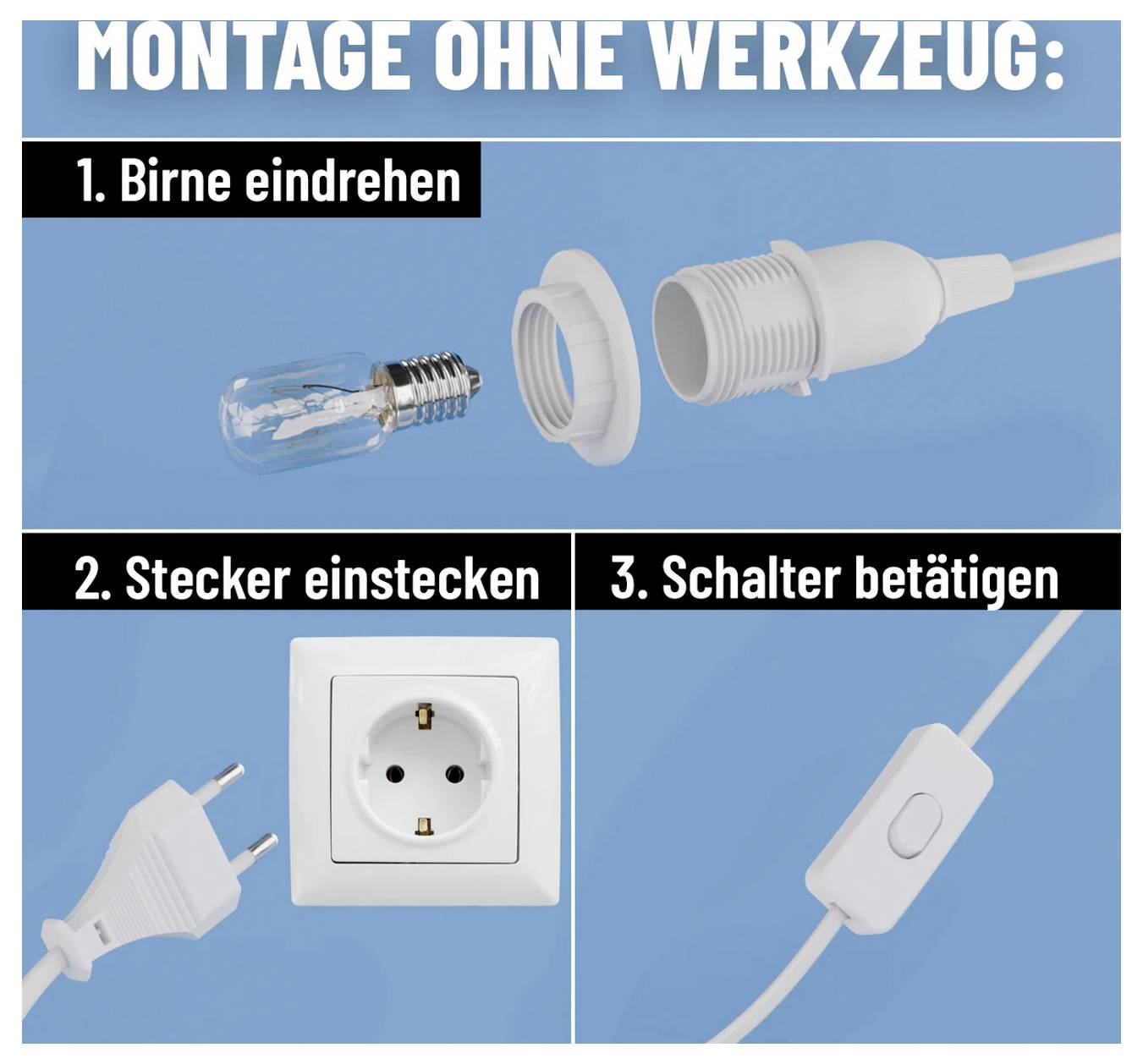 Dansk instruktionsgrafik til lysinstallation: 1. Skru pæren i, 2. Stik stikket i, 3. Tænd for kontakten; viser pære, stik, stikkontakt og indskydelig kontakt.
