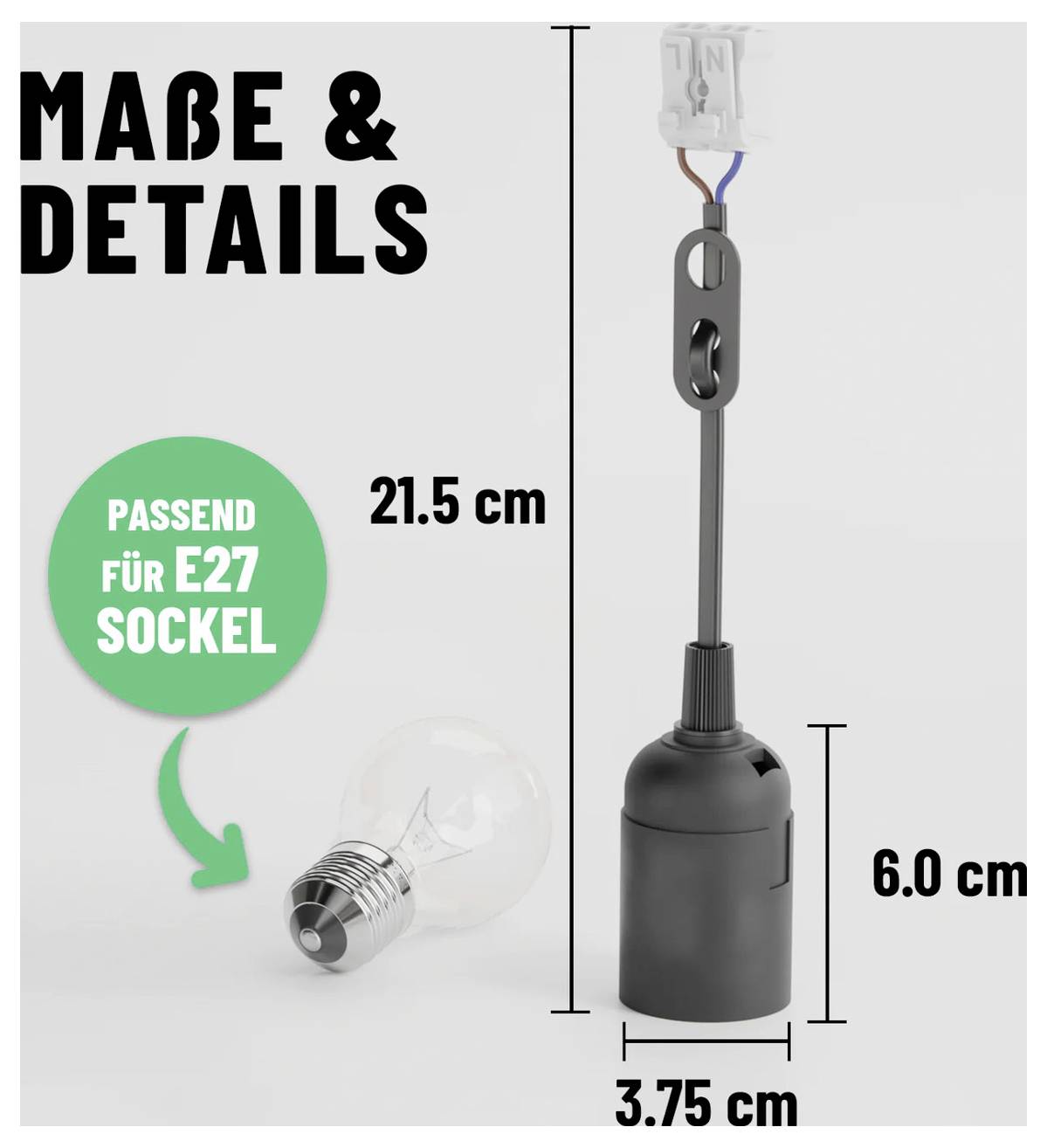 Lampeskærmens dimensionertegning viser en pendellampe til E27-pærer, 21,5 cm høj og 3,75 cm bred, med 6,0 cm høj sokkelkasse.