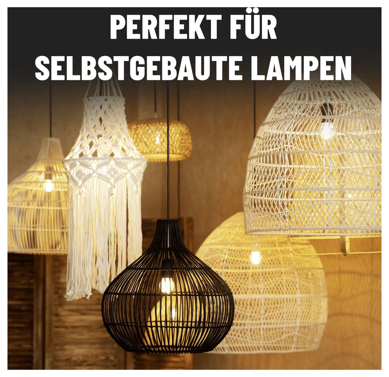 Promotionsbillede af vævet hængelelamper med teksten 'PERFEKT TIL SELVBYGEDE LAMPER', der viser dekorative lampeskærme til DIY-belysning.