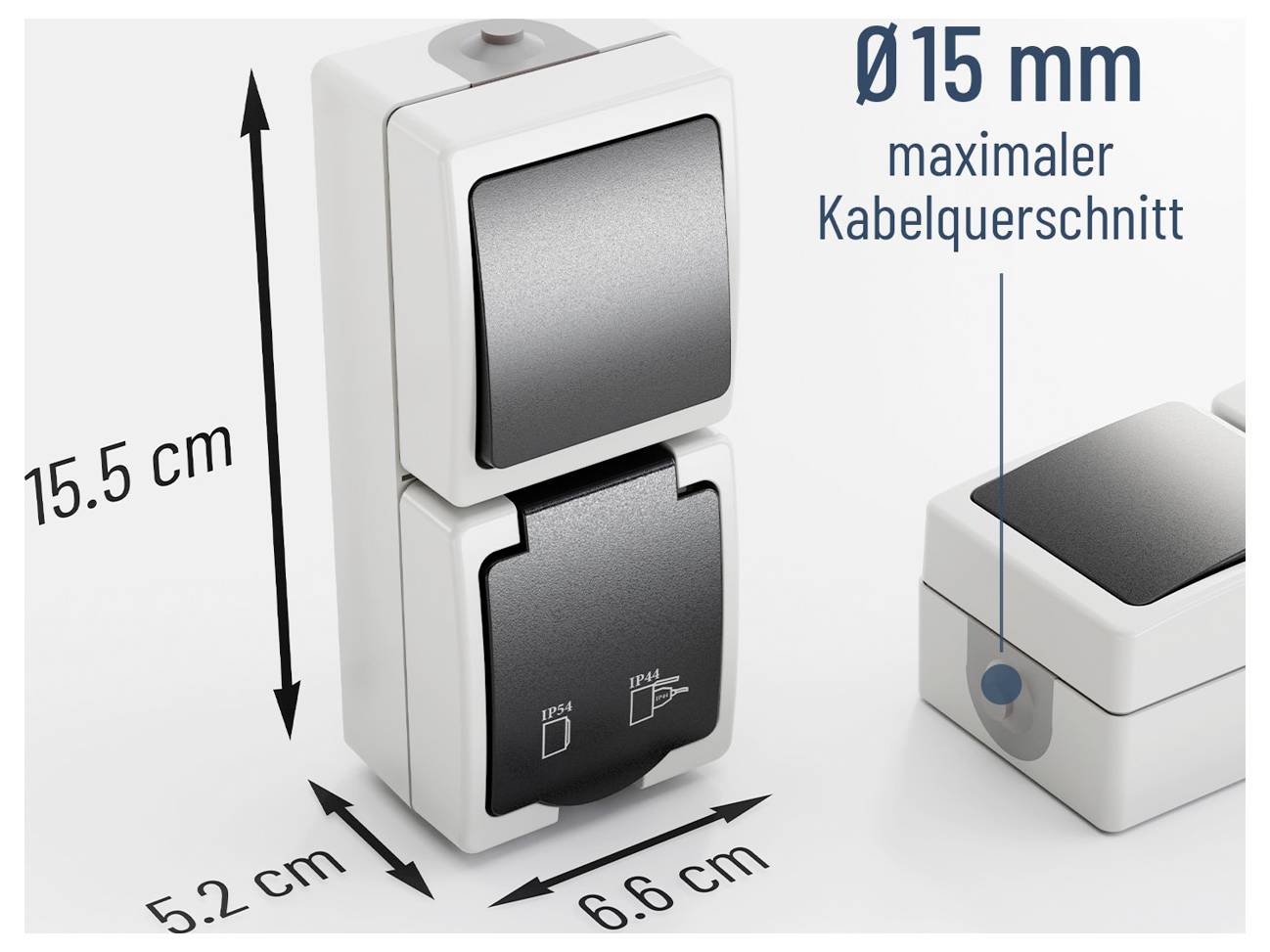 Illustration af en udendørs stikkontakt med to stik med dimensioner 15,5 cm høj, 6,6 cm bred, 5,2 cm dyb, og 'Ø15 mm maksimalt kabeltvørsnit' vist for kabelstørrelse.
