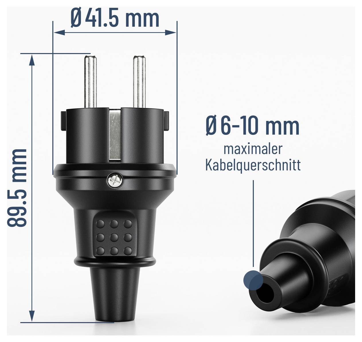 Sort to-ben elektrisk stik vist med dimensioner: 89,5 mm højt, 41,5 mm bredt, til maksimalt 6-10 mm kabeldiameter.