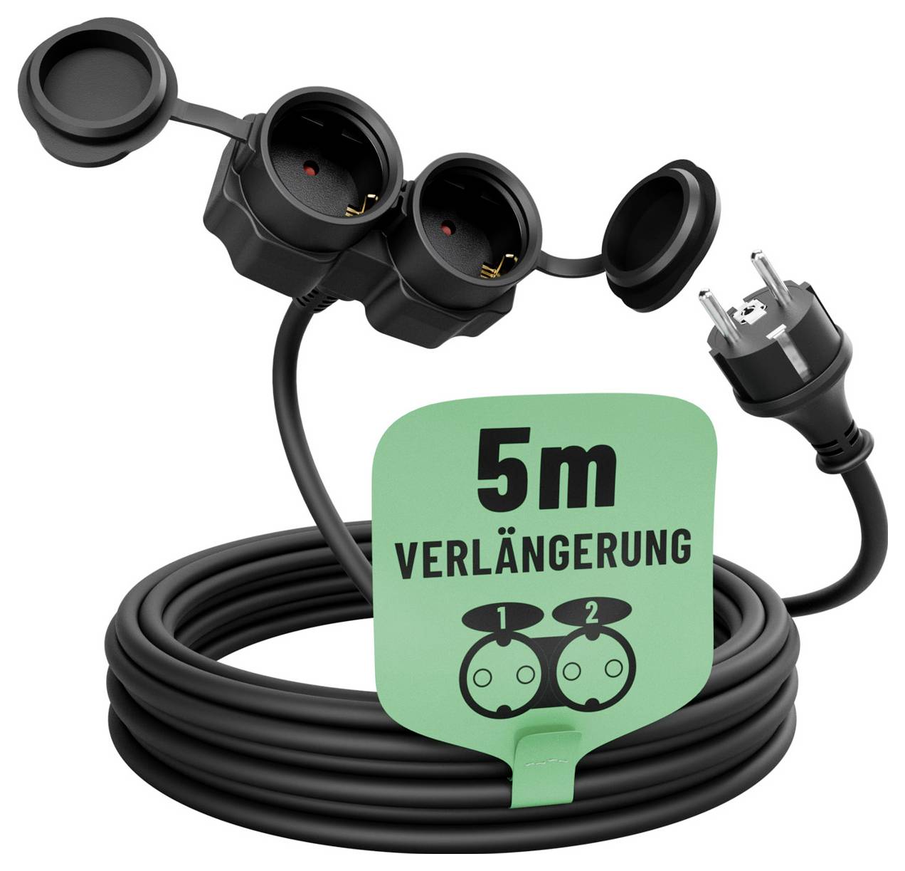5 m forlængerledning med dækket to-stikdosekontakt og stik; etiketten læser '5m FORLÆNGELSE' og viser stikkontaktnumrene 1 og 2.