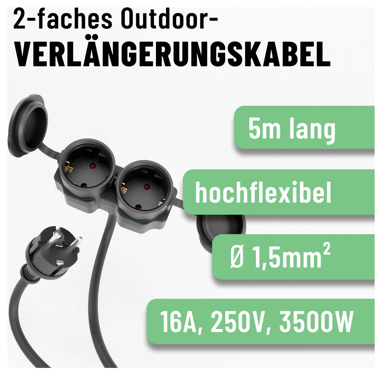 Annoncea for et 2-stik udendørs forlængerledning, der viser et sort kabel med beskyttelsesdeksler; teksten fremhæver 5 m længde, fleksibelt, 1,5 mm², 16A/250V/3500W.