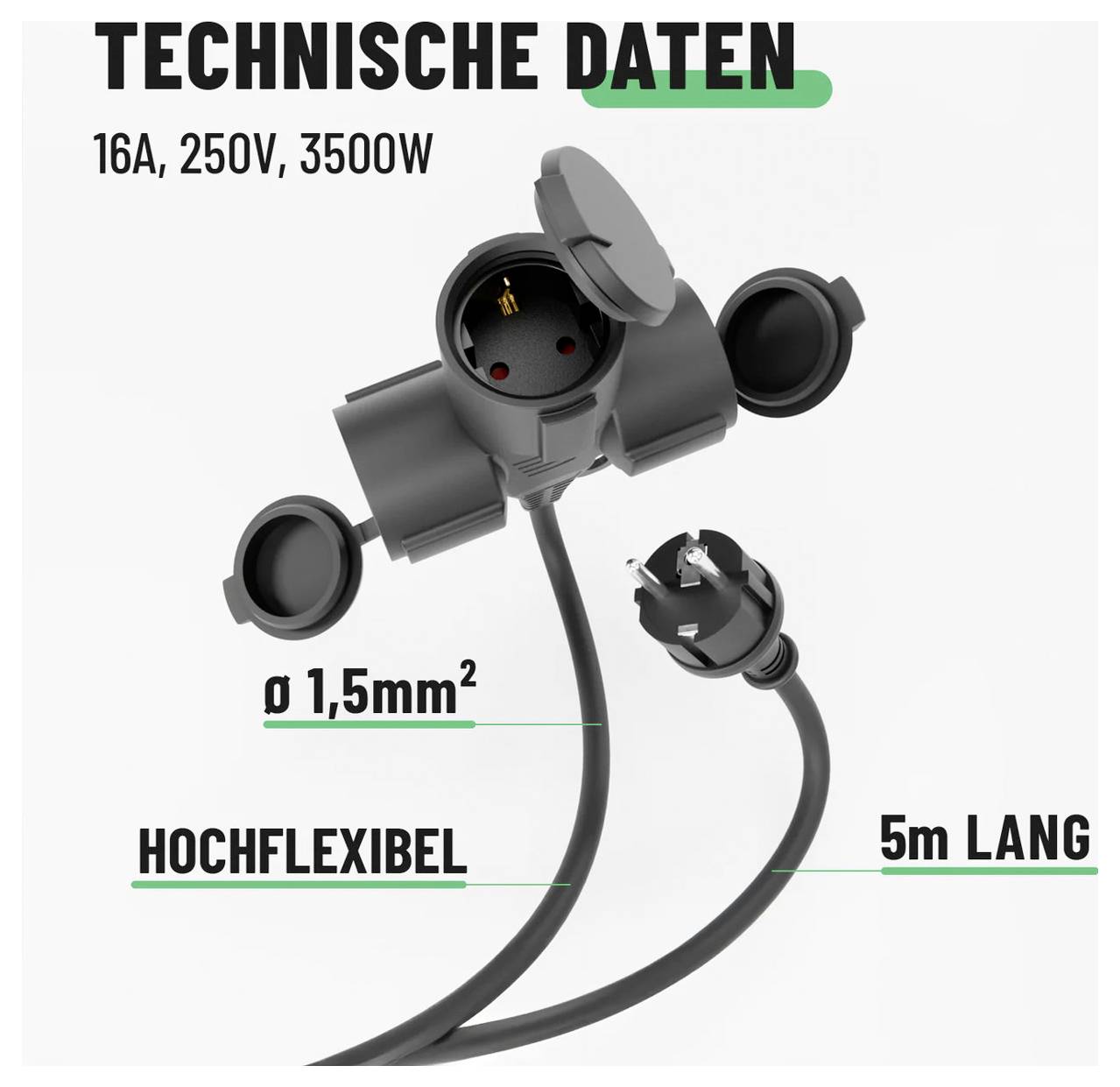 Produktgrafik af en sort strømkabeladapter med flere stikkontakter, mærket 'TEKNISKE DATA': 16A, 250V, 3500W, 1,5mm², højt fleksibel, 5m lang.