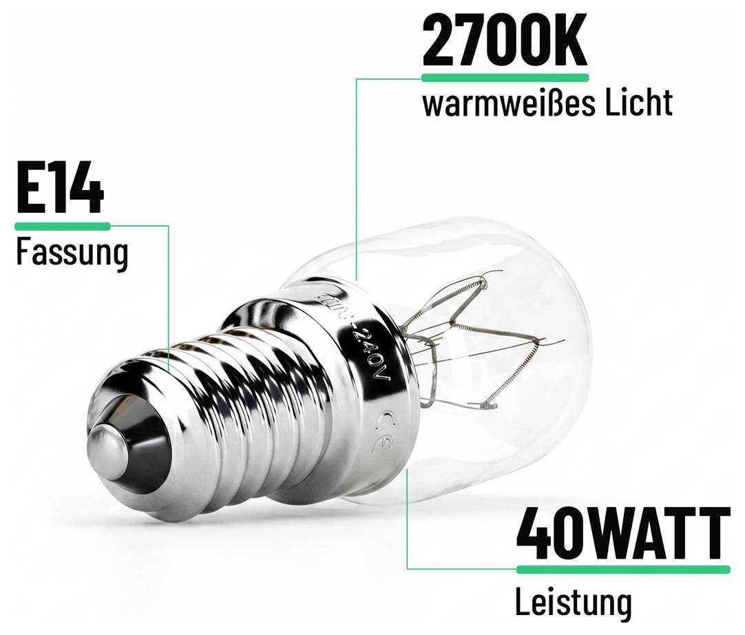 E14-pære med 2700K varmt hvidt lys og 40 watt effekt, vist på hvid baggrund.