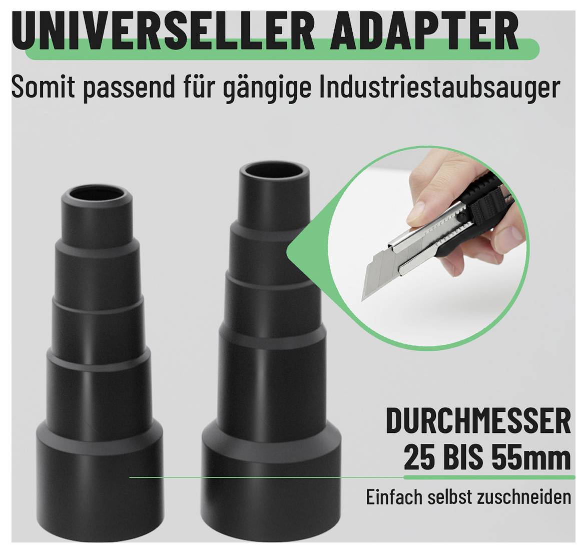 Universel adapter til almindelige industriiske støvsugere, tilskæres med en universalkniv; diameter 25 til 55 mm.