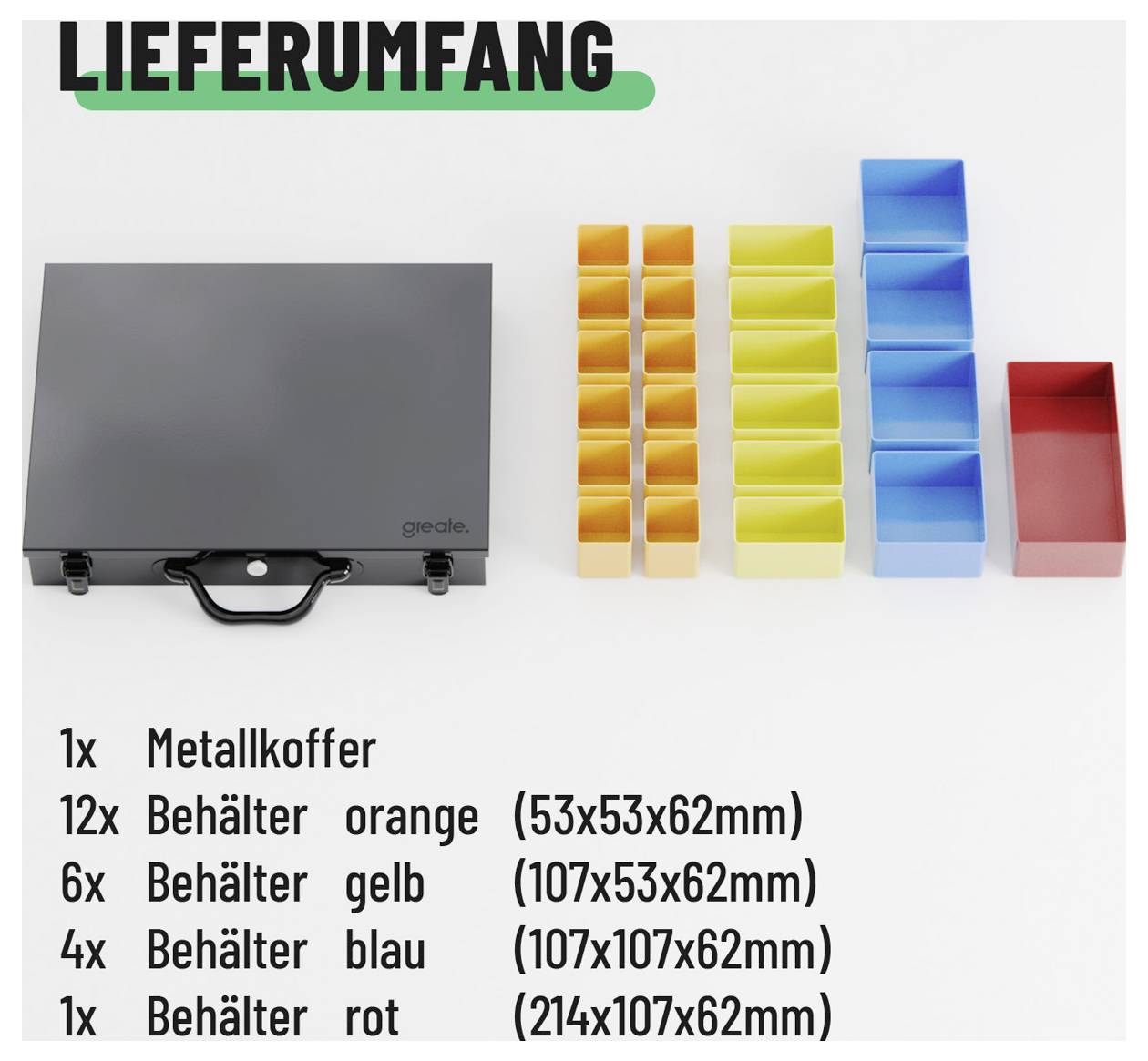 Produktindhold billede viser et gråt metalkammer og farvekodet beholdere: 12 orange, 6 gule, 4 blå og 1 rød, med tysk størrelseliste.