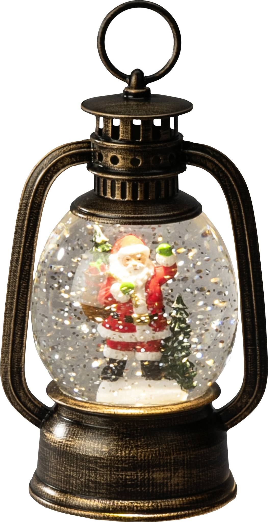 Vintage snekugle formet som en lygte med Julemanden, et lille juletræ og faldende glitter indeni.