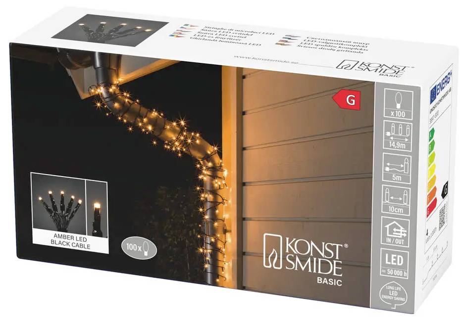 Æske med Konstsmide Basic ravgul LED sort kabelstrenglys, med 100 lys og angivet til indendørs/udendørs brug