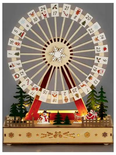 Ferris hjul-formet julekalender med nummererede døre rundt omkring hjulet og en julesscene med træer, snemand og julemanden ved bunden.