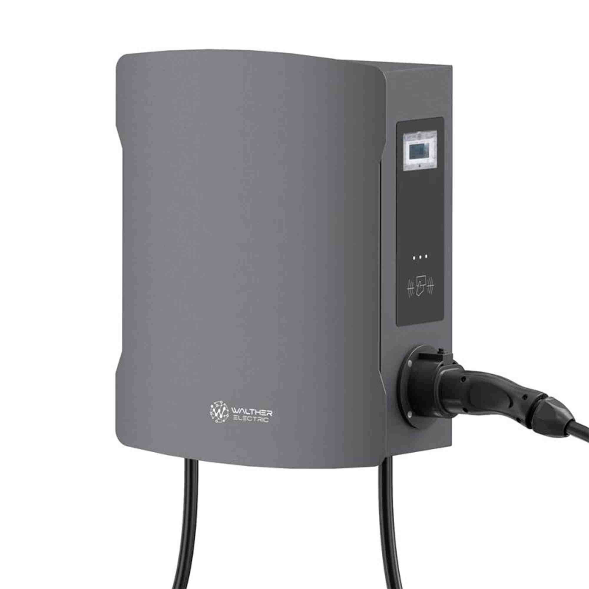 Gray Walther Electric vægmonteret elbil-lader med display og tilsluttet opladningskabel på hvid baggrund.