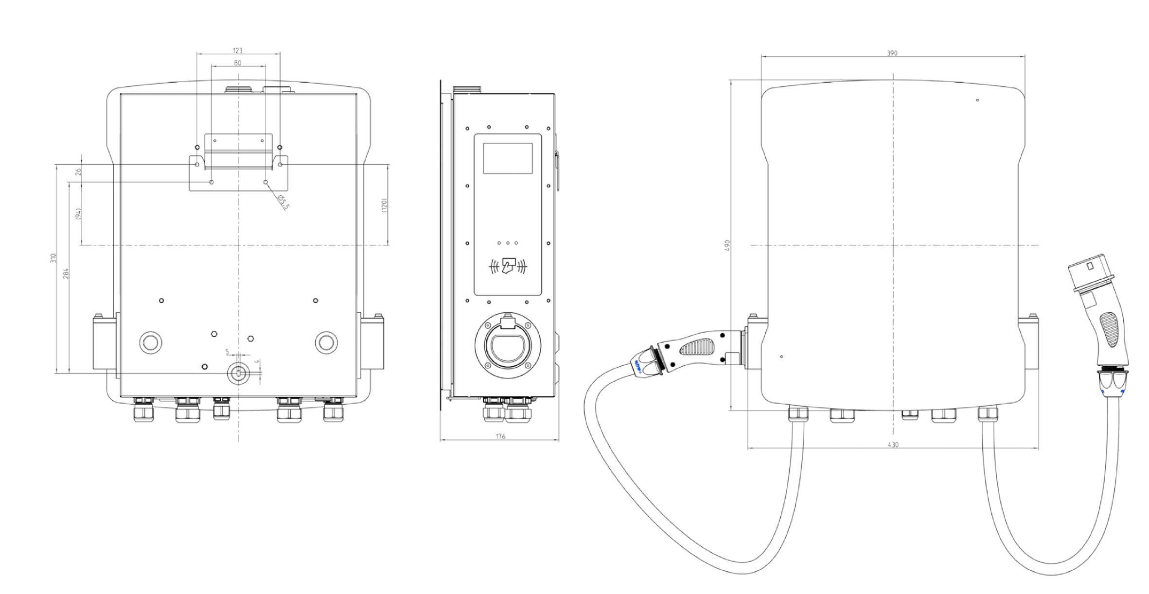 Teknisk linjeri tegning af en vægmonteret enhed vist fra front, side og bagside med tilsluttede kabler og monteringsdimensioner.