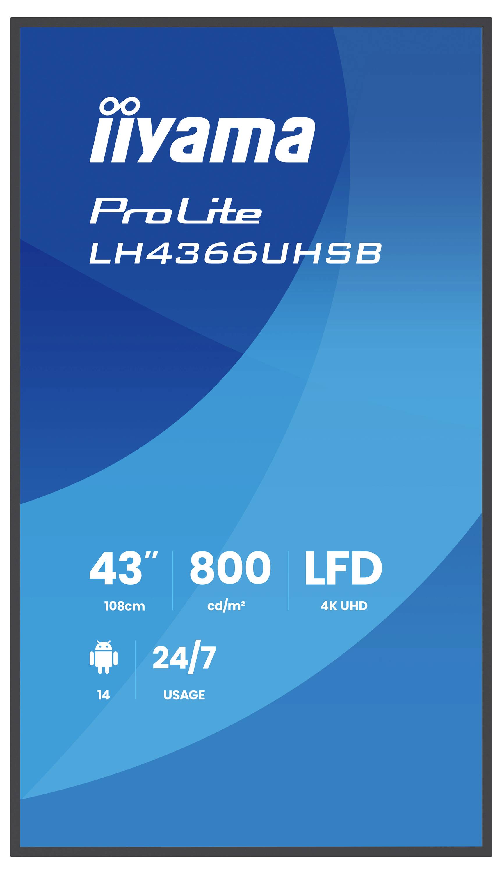 Produktbillede af en iiyama ProLite LH4366UHSB 43-tommer 4K UHD-digitalvisning, der viser '800 cd/m²' og '24/7 anvendelse'-branding.