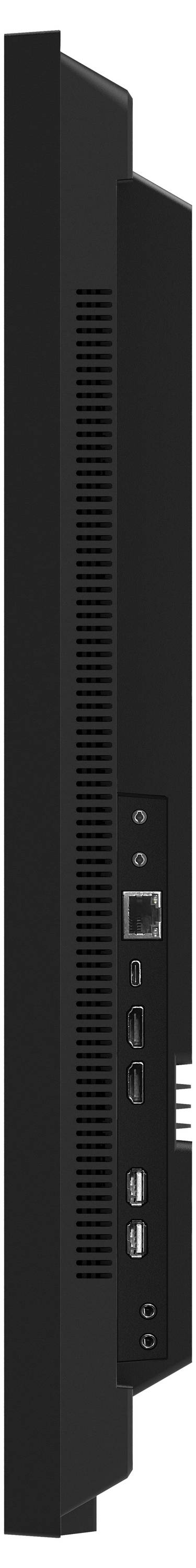 Nærbillede af siden/bagkanten af en sort skrivebords-monitor eller PC-tårn, der viser ventilationsslids og porte, herunder Ethernet, USB og audiojacks.