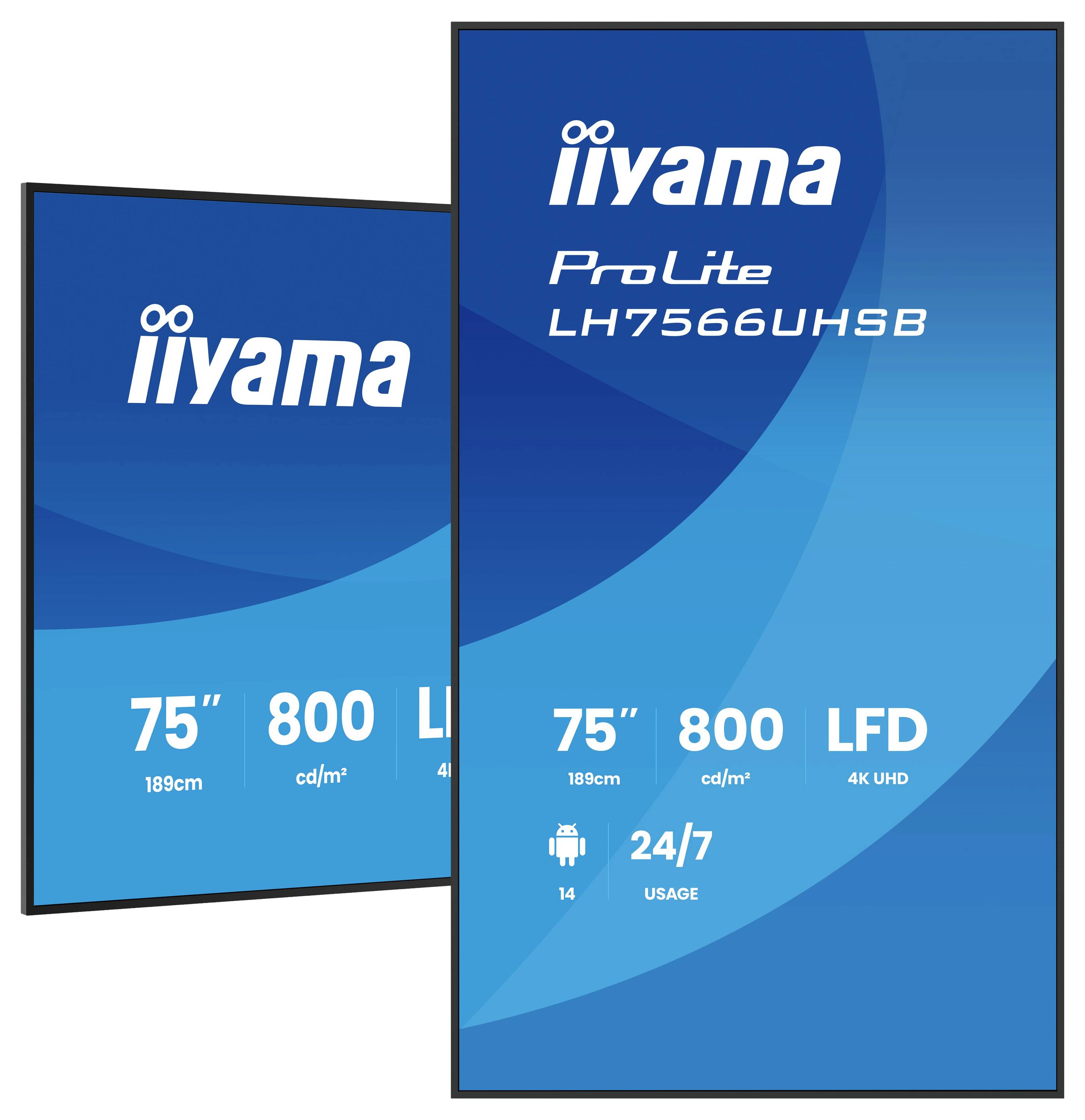 To iiyama displayprodukter med blå paneler; et viser "ProLite LH7566UHSB" med 75-tommer 4K UHD, 800 cd/m² og 24/7-brug.