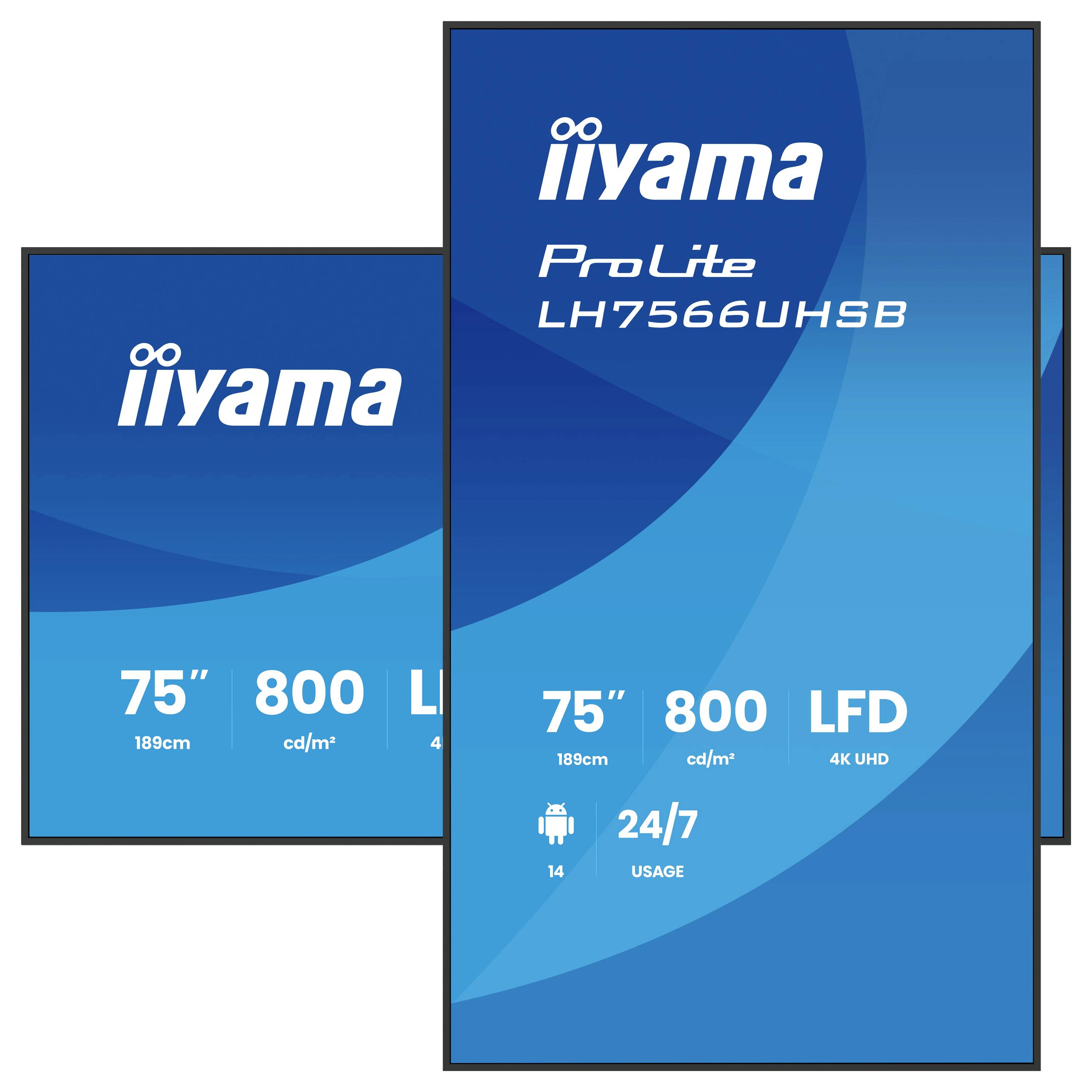 To overlappende iiyama monitorpakkeforside, med hovedkassen mærket 'ProLite LH7566UHSB' og specifikationer: 75", 800 cd/m², 4K UHD, 24/7 anvendelse.