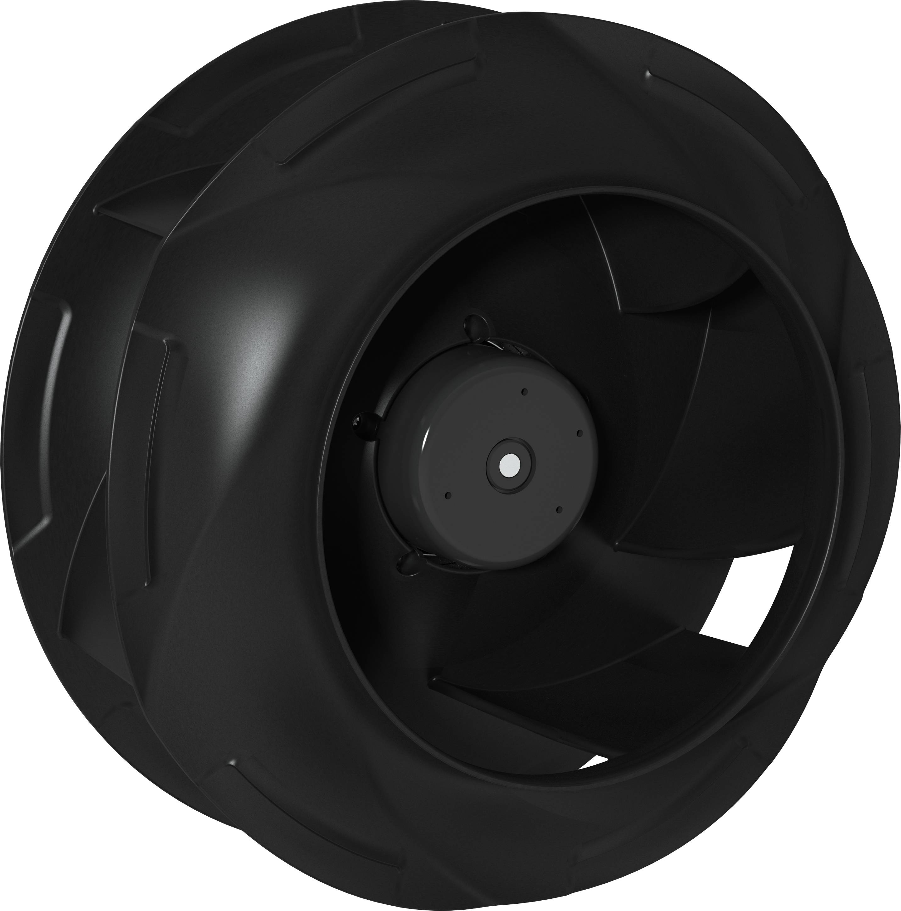 Sort cirkulær centrifugal ventilatorimpeller-blad set forfra på hvid baggrund.