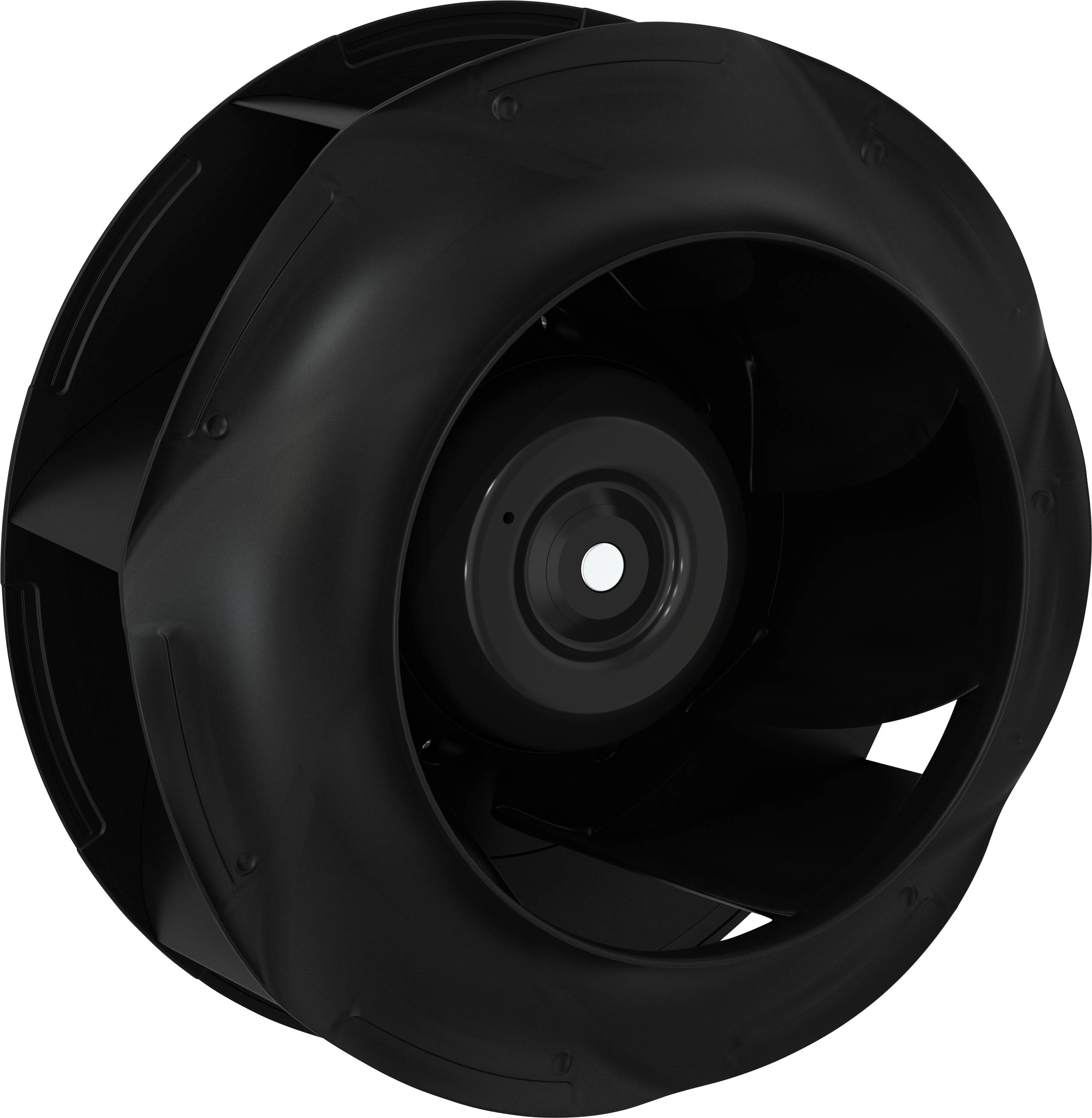 Sort industriel centrifugalventilator eller blæser med cirkulært hus og synligt centralt nav, vist på hvid baggrund.