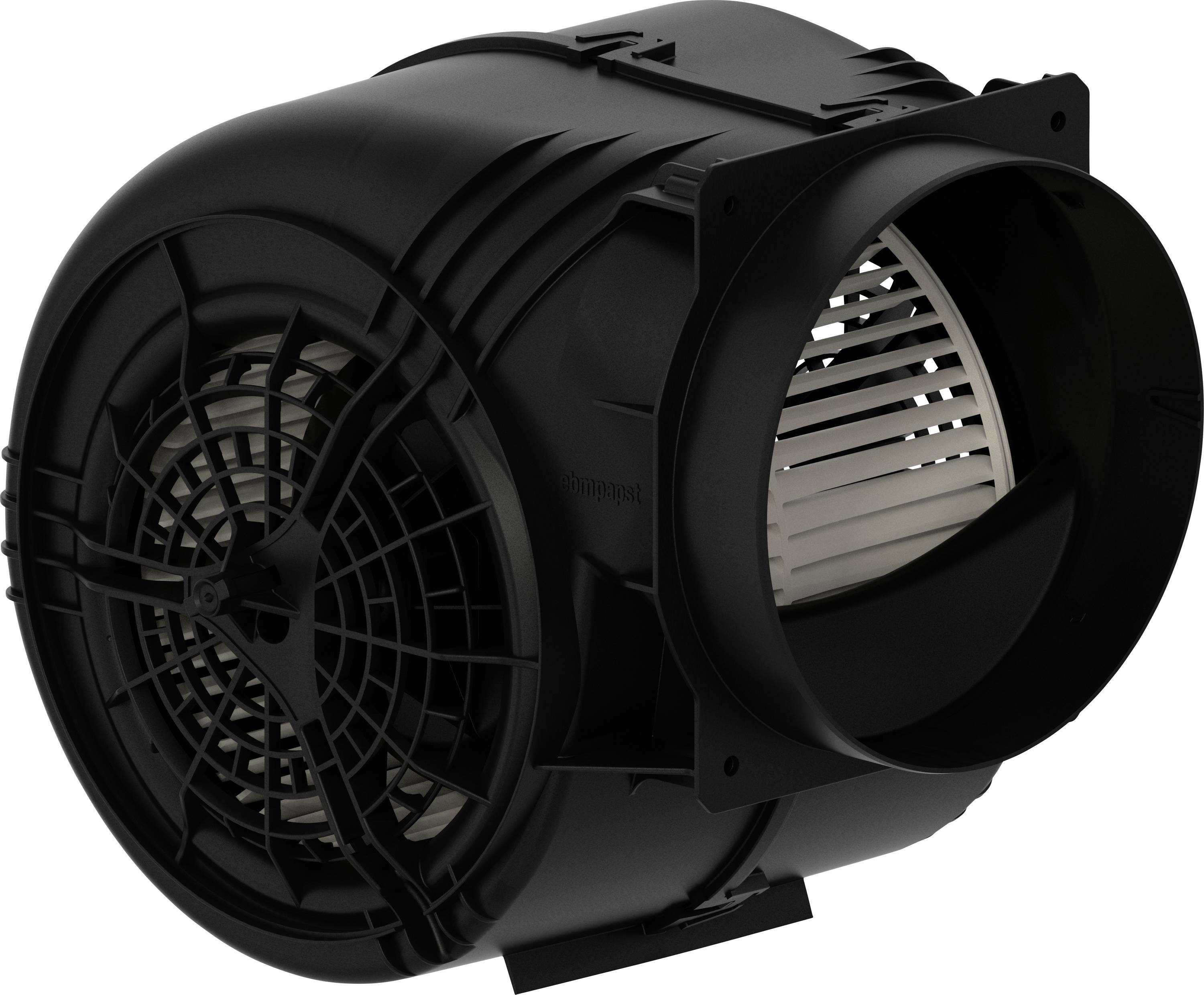 Sort cylindrisk ventilations-ventilator eller blæser med frontgitter og bagudtag på hvid baggrund.