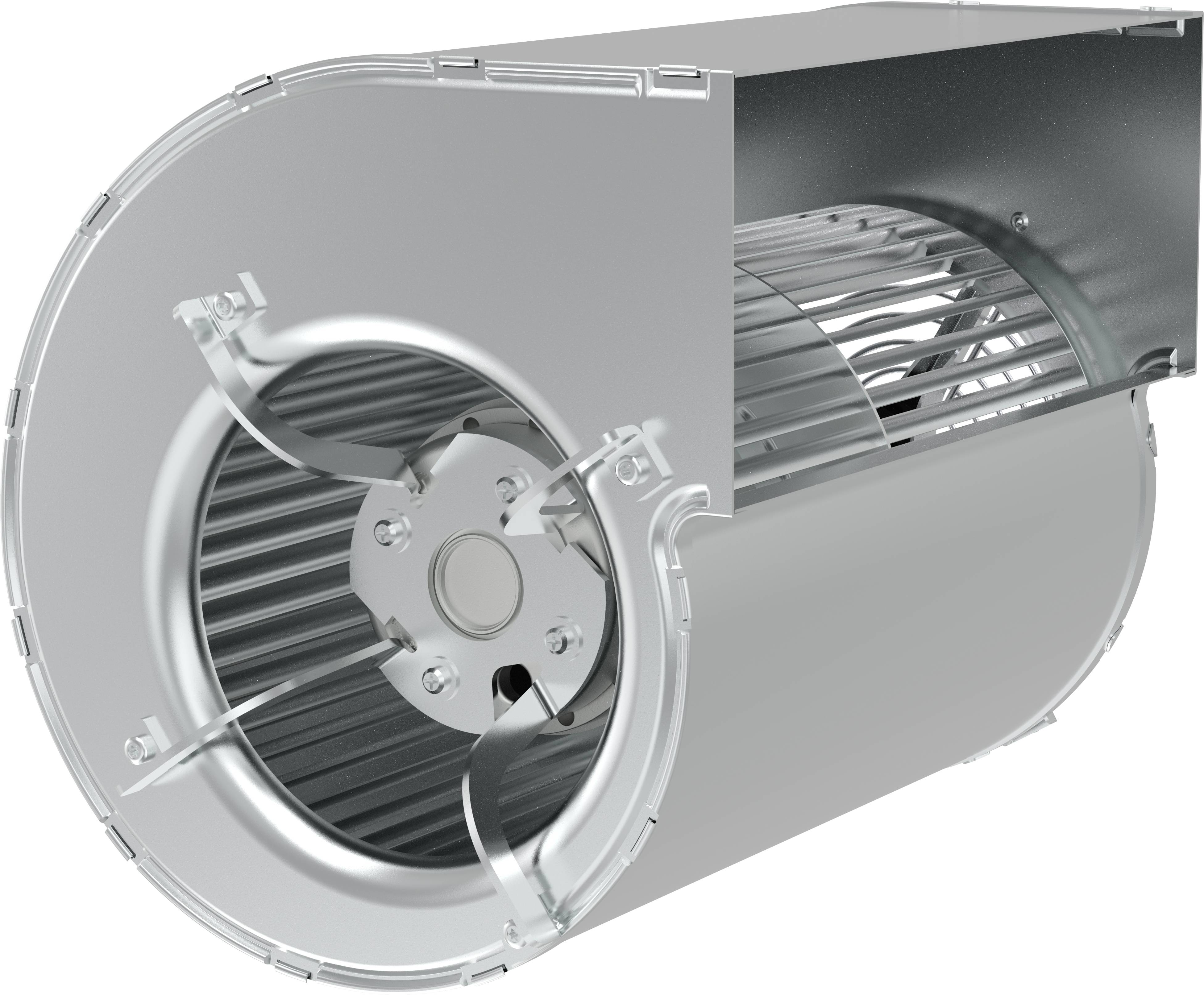 Skæringsvisning af en cylindrisk aksial ventilator eller blæser, der viser den interne rotor og blade inden i et metalhus.