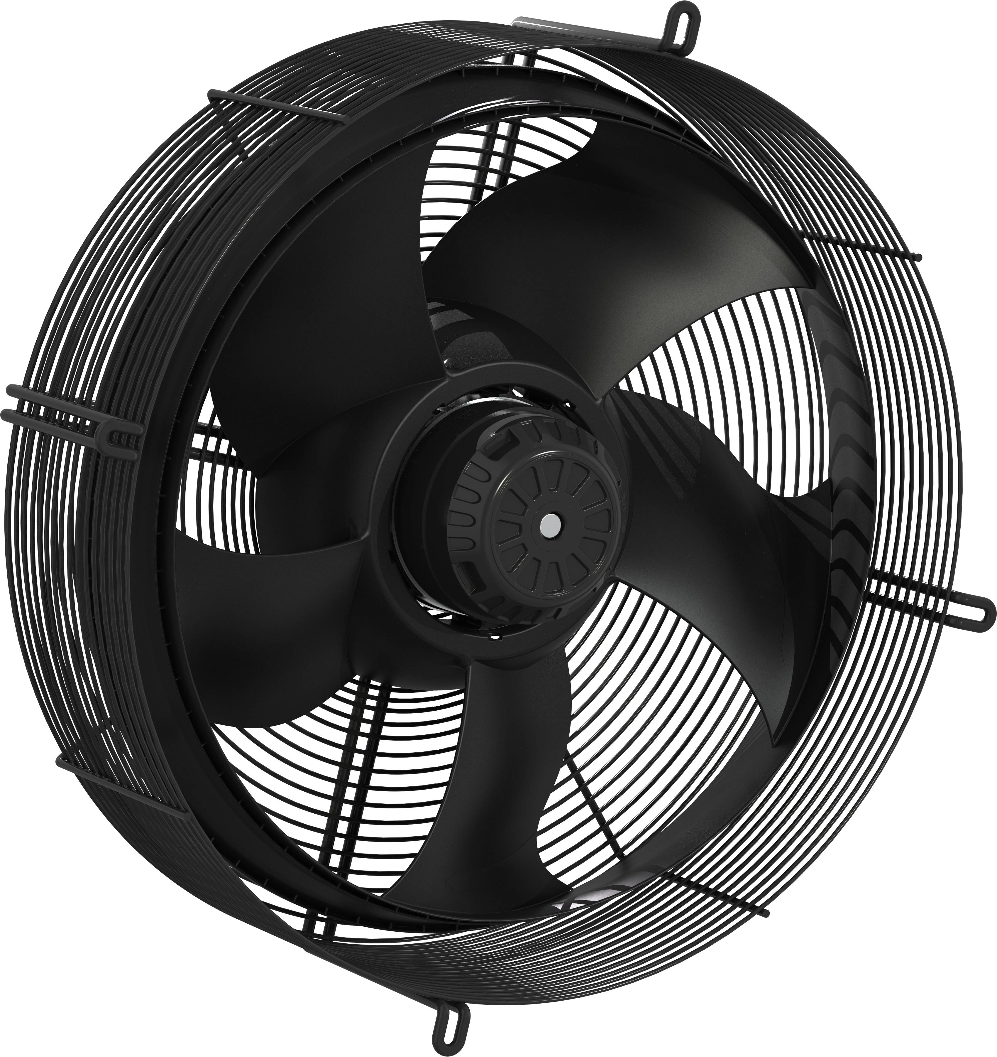 Sort vægmonteret industriel ventilator med tre blade og beskyttende trådnet på hvid baggrund.