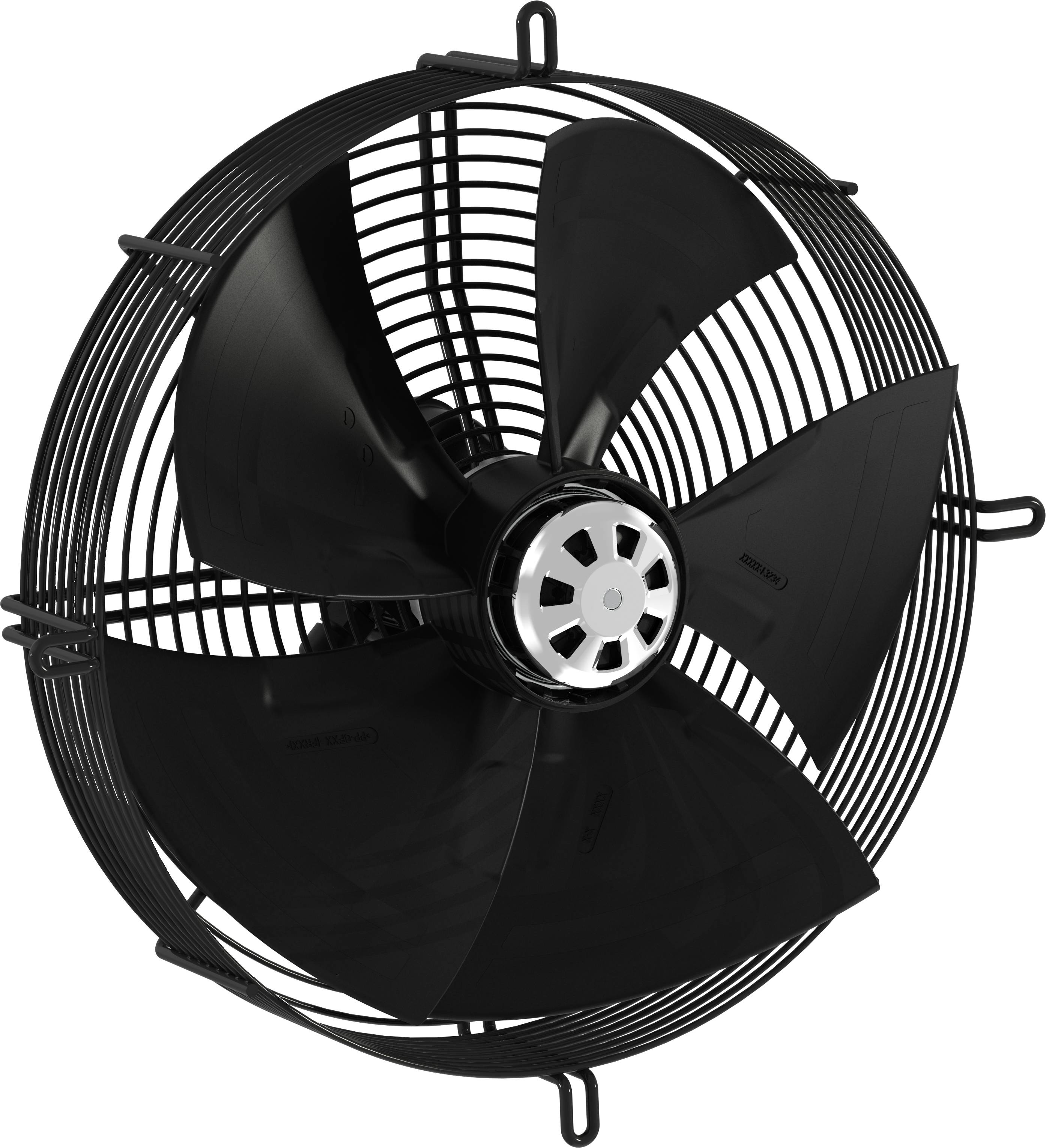 Sort væghængt industriel ventilator med fire blade og beskyttelsesnetting.