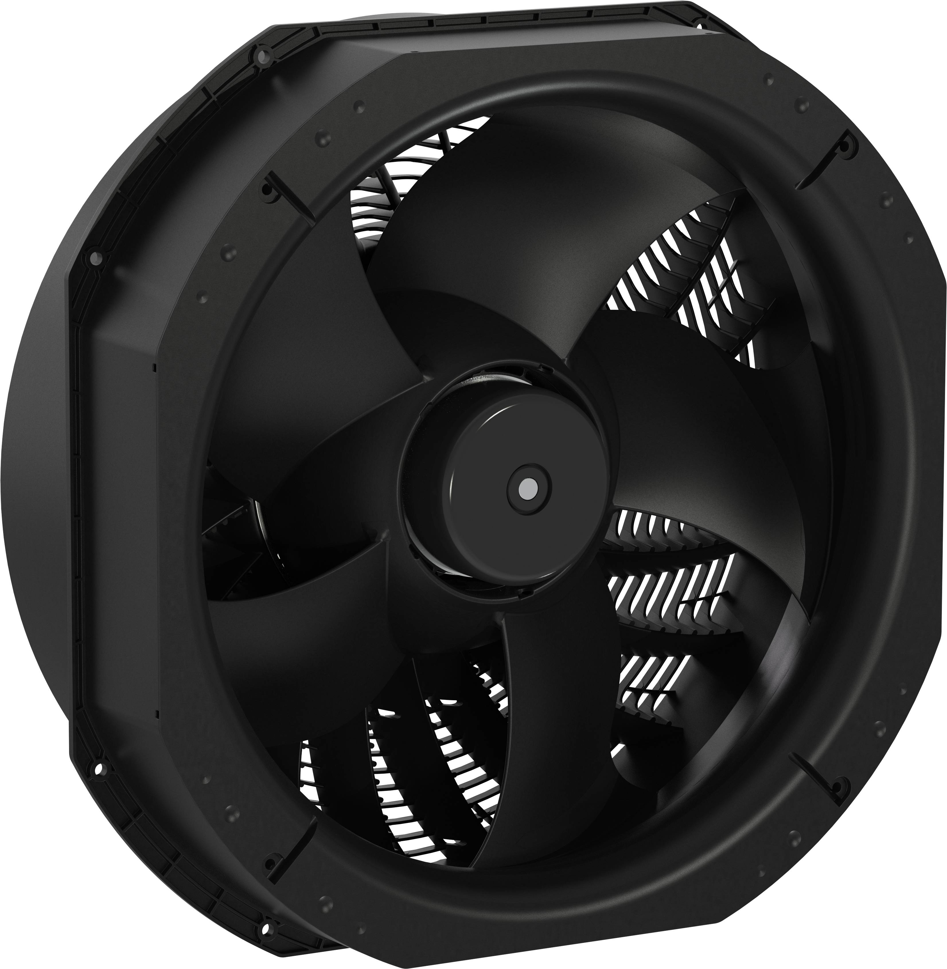 Sort industriel ventilationsblæser med store cirkulære blade i firkantet hus, vist på hvid baggrund.