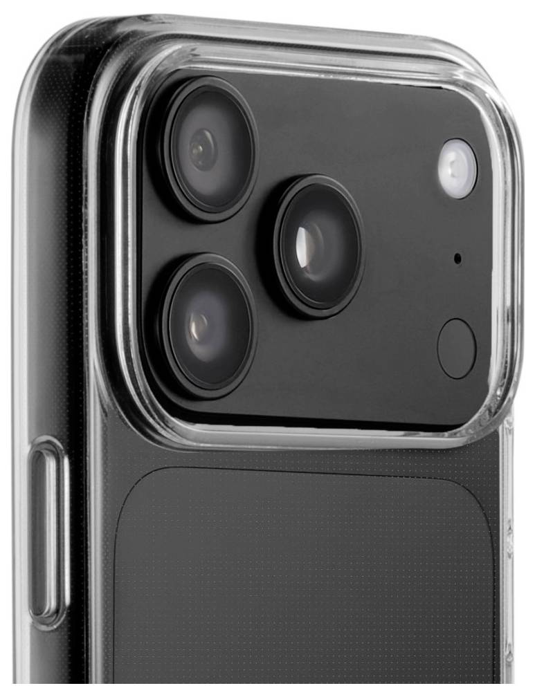 Nærbillede af en smartphons bageste triple-kamera-modul med blitz og linsearrangement i et beskyttende etui.
