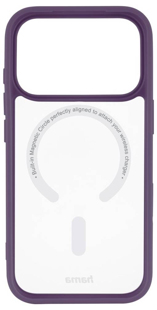 Lilla telefoncover med integreret MagSafe-cirkel og lodret justeringsmærke, der viser et udsnit til tilslutning af en trådløs oplader.