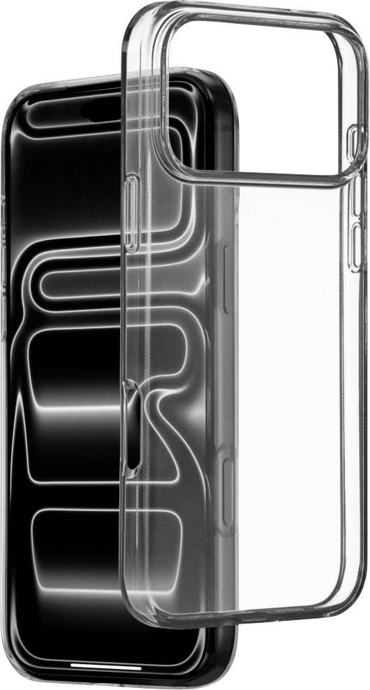 Transparent smartphone-etui vist over en sort telefon, der fremhæver etuiet's slanke pasform og knapudskæringer