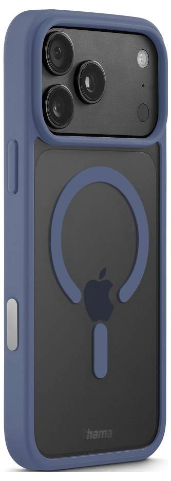 Blåt smartphonecover med en MagSafe-ring og udsparinger til et iPhone med tredobbelt kamera, vist bagfra på hvid baggrund.