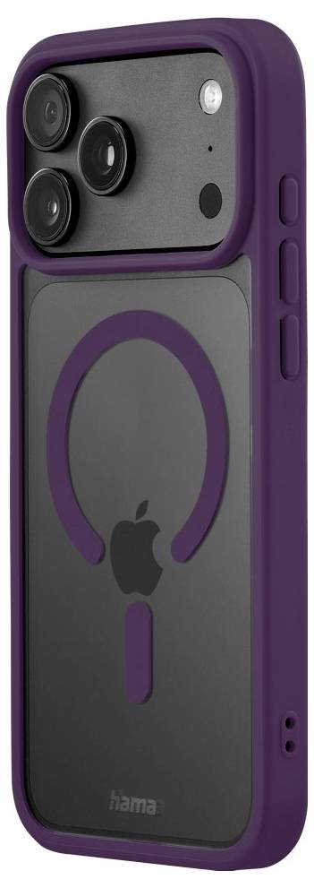 Bagsiden af et lilla iPhone-cover med en cirkulær MagSafe-ring og stort kamera-udsnit, der viser Apple-logoet gennem den klare bagside.