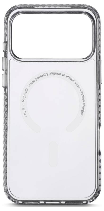 Gennemsigtig telefonetui med integreret MagSafe-cirkel og rektangulært kamerasnit på bagsiden.