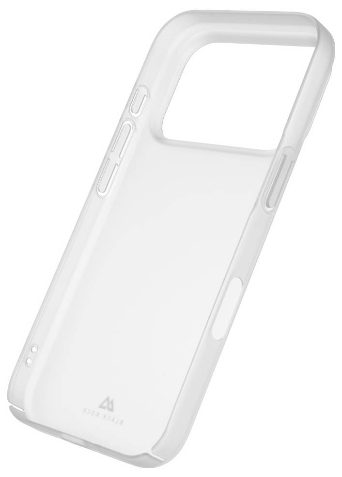 Klar frosted telefonetui vist i en vinkel, med et stort kamera-udsnit og dæksler til sideknapper.