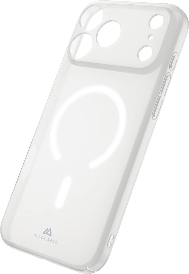 Gennemsigtig telefoncover i klart materiale med forhøjede udskæringer til kameraet og dæksel til sideknapperne, viser et cirkulært MagSafe-lignende justeringsmærke på bagsiden.