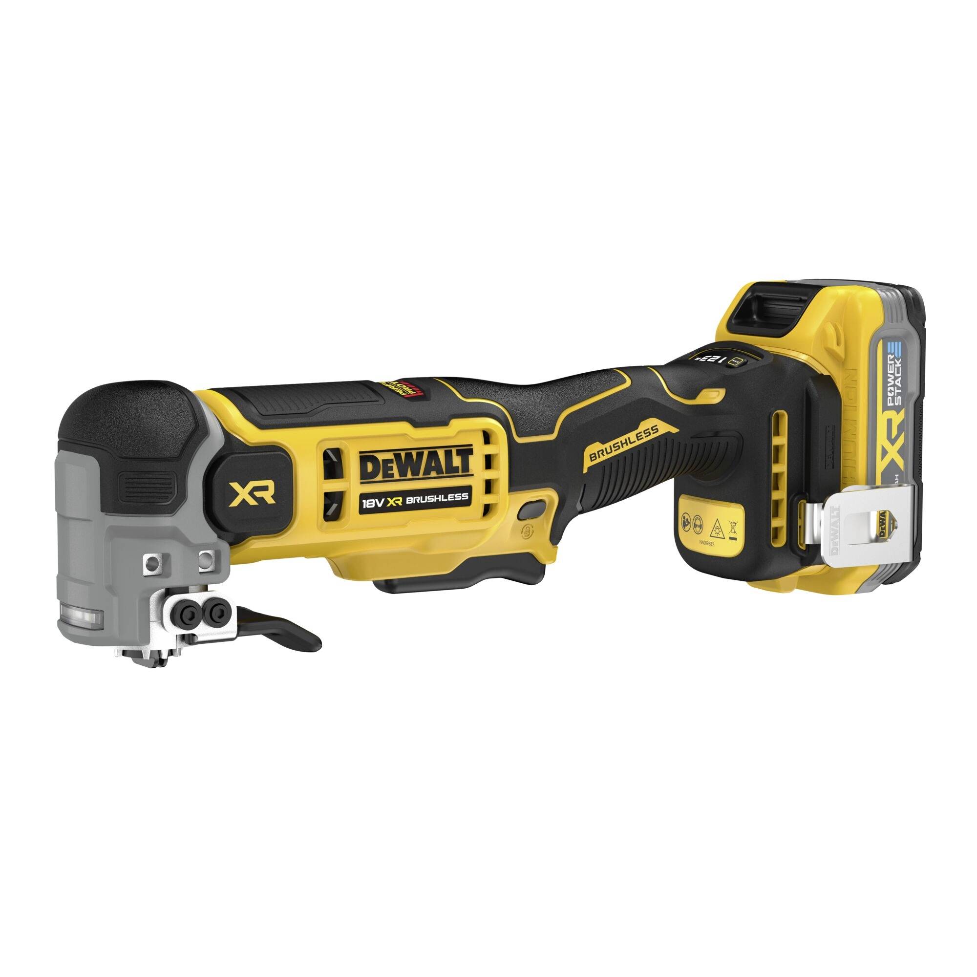 DEWALT 18V XR børsteløs trådløst oscillerende multitool med batteripakke, vist på hvid baggrund.