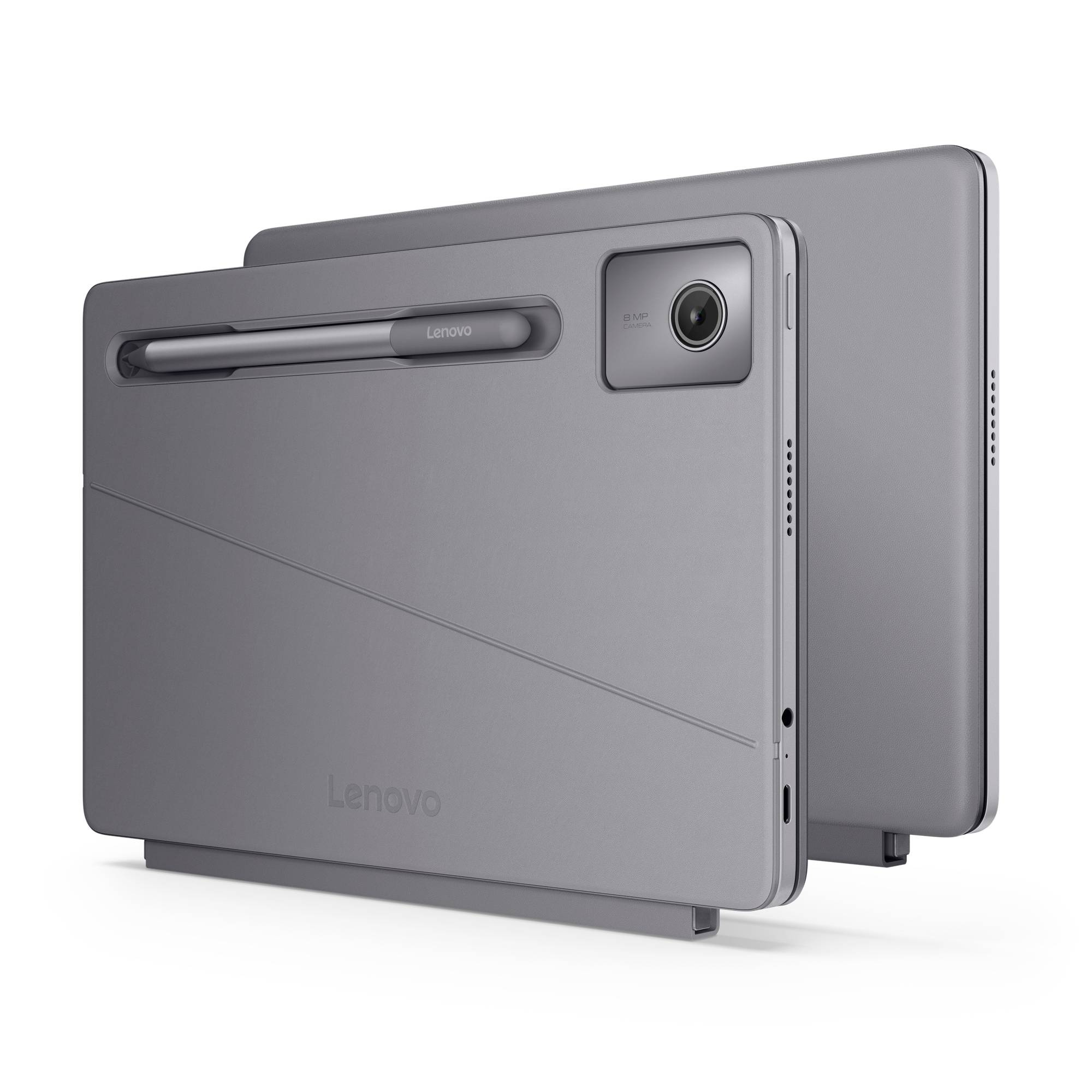 To grå Lenovo-tablets vist ryg-til-ryg, med indbygget stylus og bagkamera på hvid baggrund.