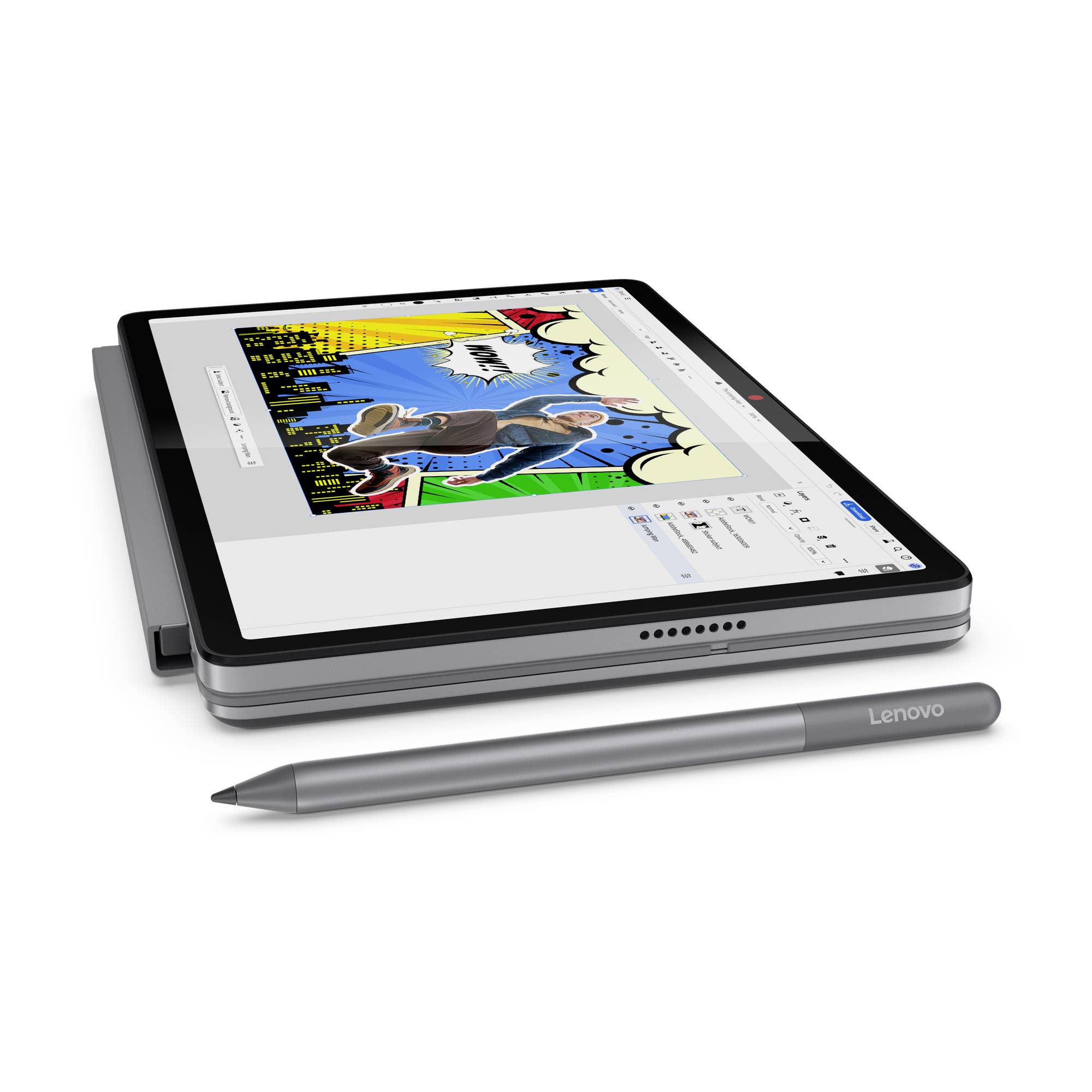 Lenovo tablet i stativtilstand med stylus, der viser en farverig tegneseriestil tegning på skærmen.