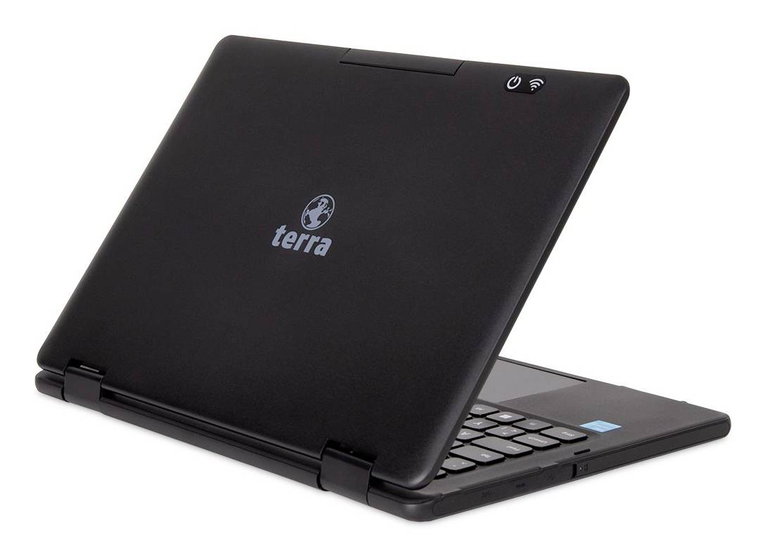 Sort Terra bærbar computer, der er delvist åben, og viser tastatur og logo på låget.