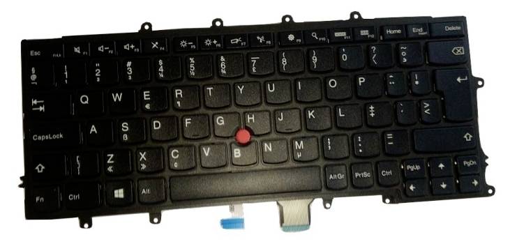 Sort bærbar computertastatur med rødt pegefjernrørsstokk og trackpoint-knapper, vist på hvid baggrund.