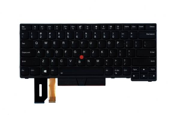Sort bærbar computertastatur med rød TrackPoint og båndstik nedenfor, vist på hvid baggrund.