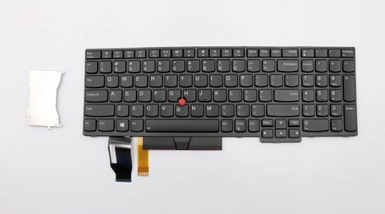 Sort Lenovo-bærbar computerkeyboard med integreret TrackPoint og båndkabelstik, vist isoleret på hvid baggrund med et separat lille hvidt plastikstykke.